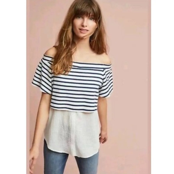 Anthropologie Tops - Anthropologie Postcard Off The Shoulder White & Blue Striped Top